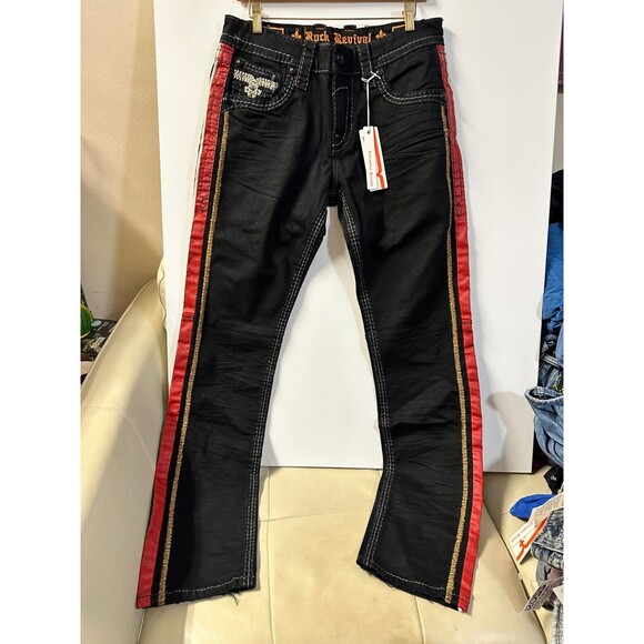 NWT ROCK REVIVAL MEN'S JEANS 32  SKYLARK ALT STRAIGHT JEANS BLACK MULTI - Picture 1 of 14